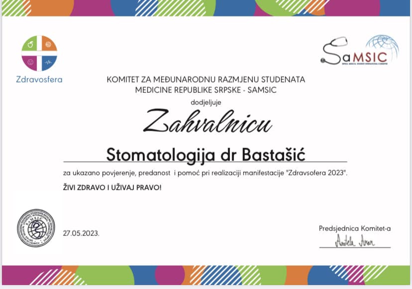 Zahvalnica od Komiteta za međunarodnu razmjenu studenata Republike Srpske - STOMATOLOGIJA dr BASTAŠIĆ